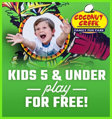 Graphic with text: Kids 5 & Under play FOR FREE!